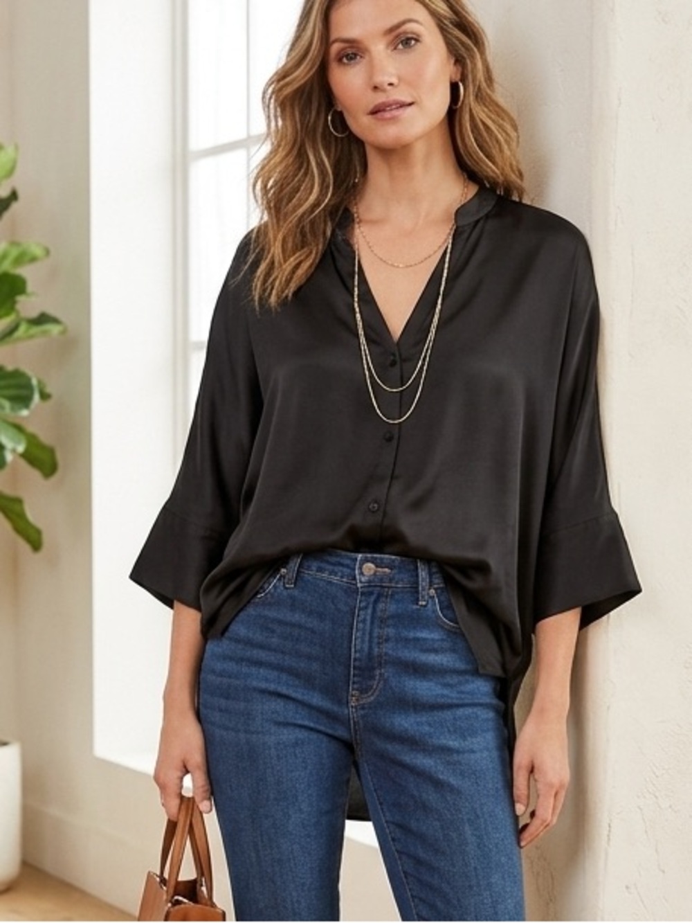 Soft Surroundings Mandarin Collar Black Satin Button-Up Tunic Blouse NEW!
